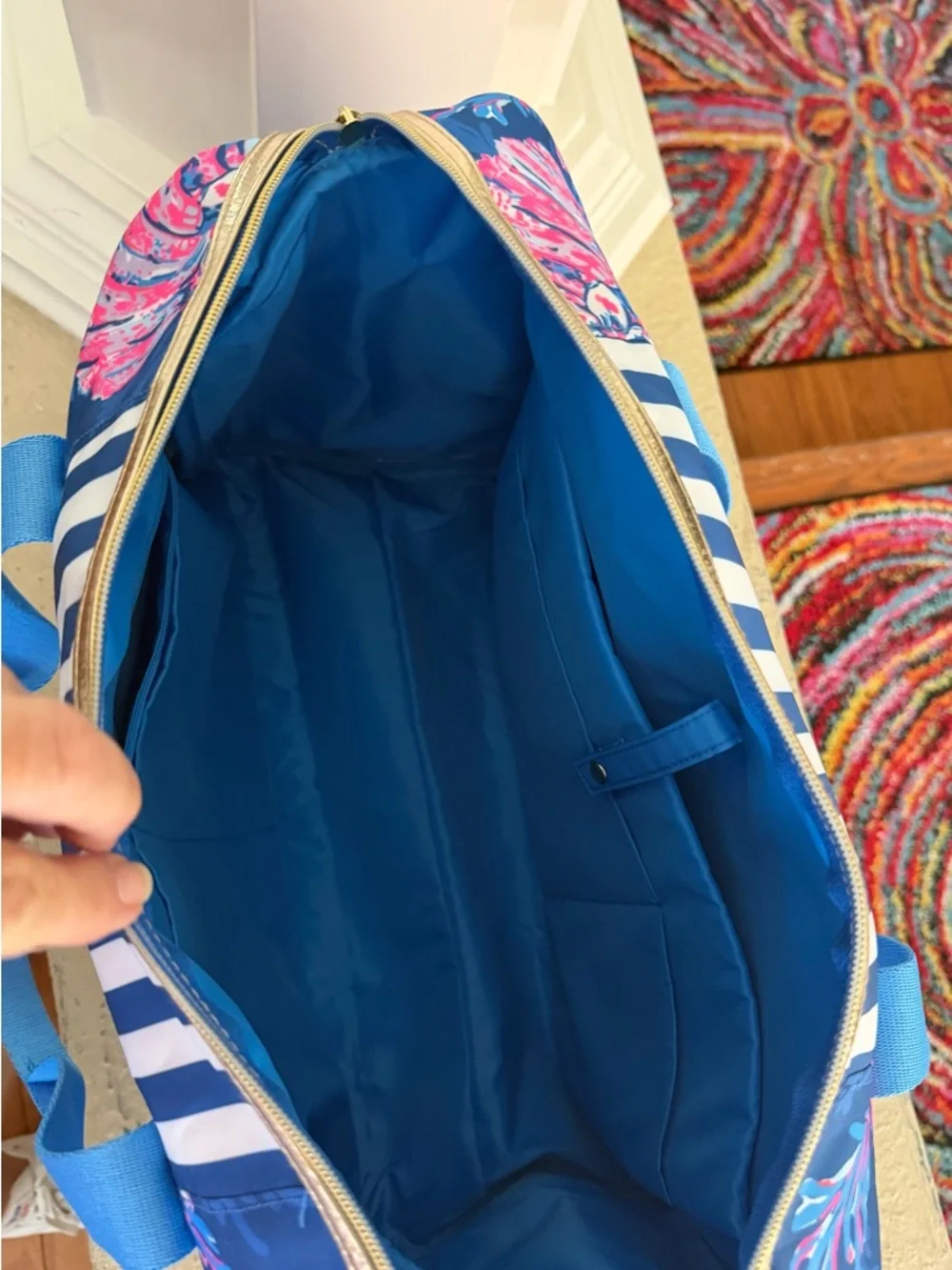 Lilly Pulitzer Blue Floral Stripe Tote with Pink Accents_NWOT_Never used - Picture 3 of 5